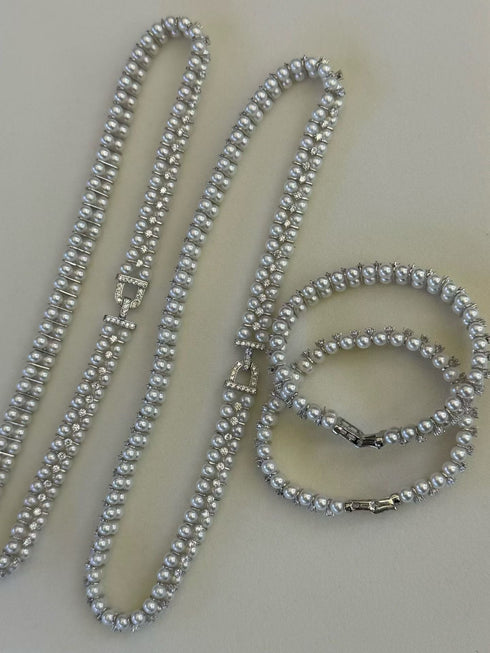 Layered Pearl Zirconia Jewelry Set – Necklace, Bracelet & Ring (Purchase Separately)